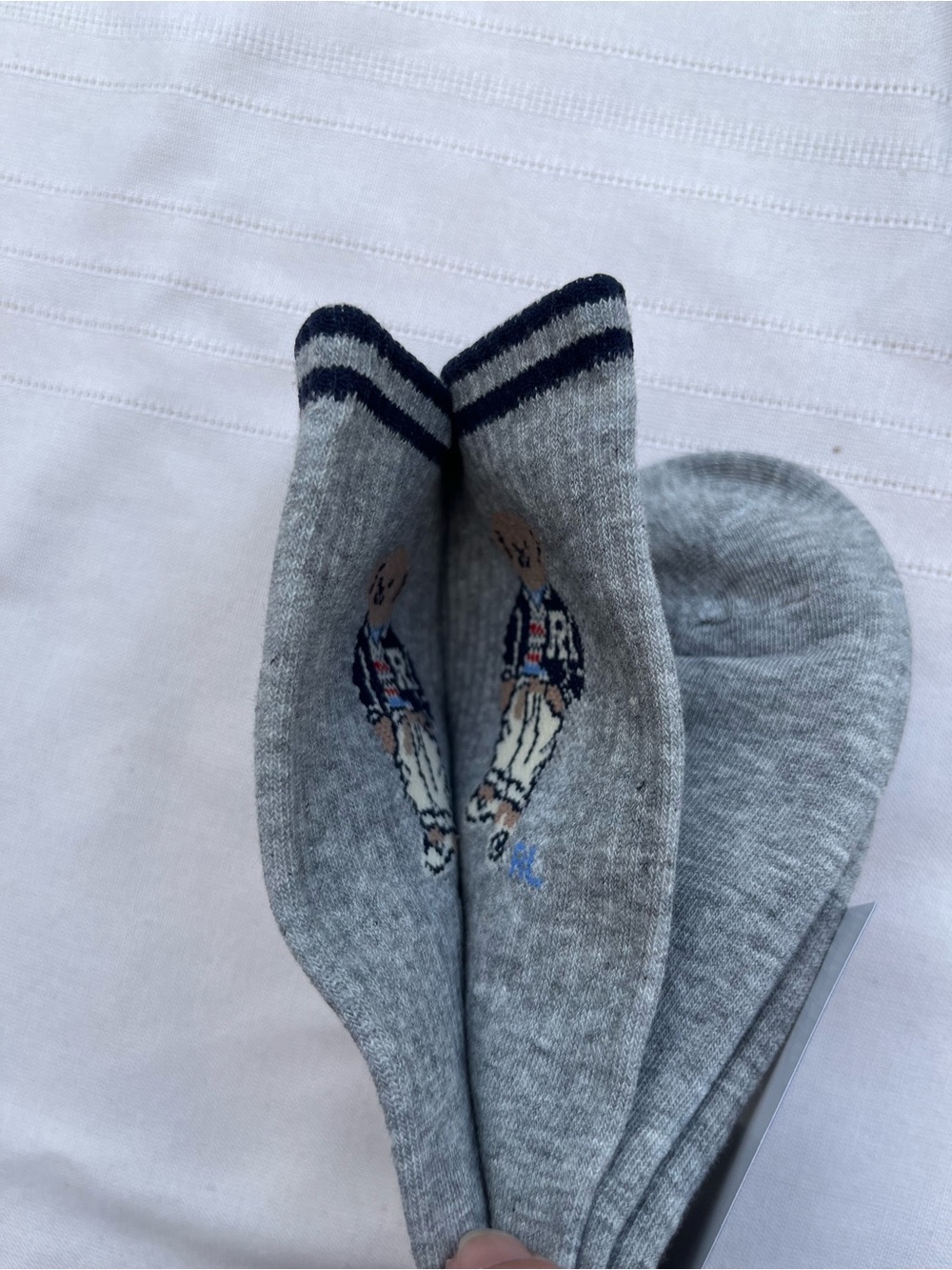 Polo by Ralph Lauren Grey Bear Crew Socks with Navy Trim 2 pairs - Picture 3 of 6